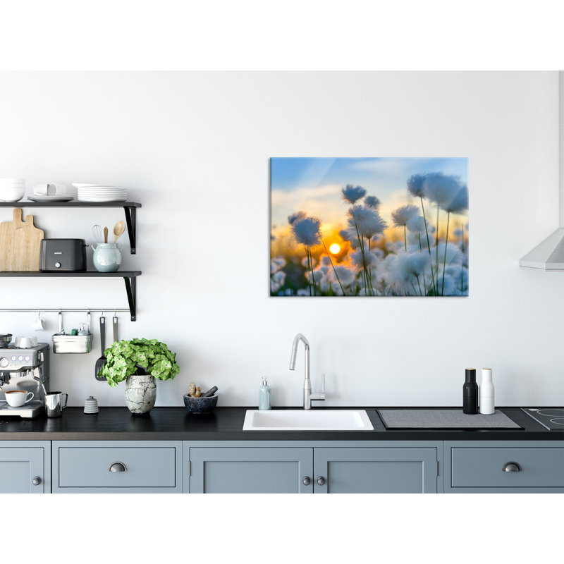 Cotton Blossoms At Sunset - No Frame Print on Glass, 70cm H x 100cm W x 0.4cm D