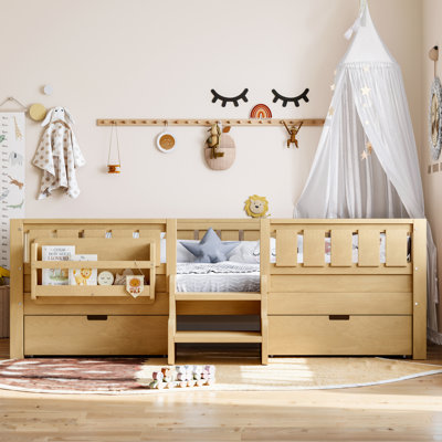 Full Kids Bed with Built-in Bookshelves and Storage Drawers, Safety Staircase and Guardrails,Light Natural