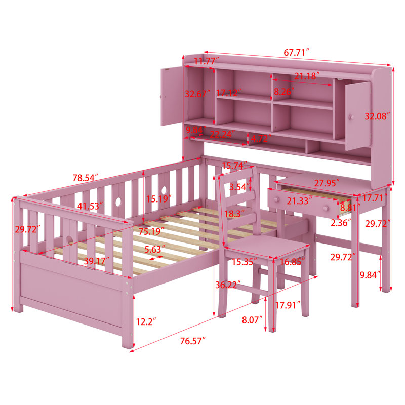 Multifunctional Wood Platform Bed With Bookshelf At The Head Of The Bed, Built-In Desk And Matching Chair, Pink