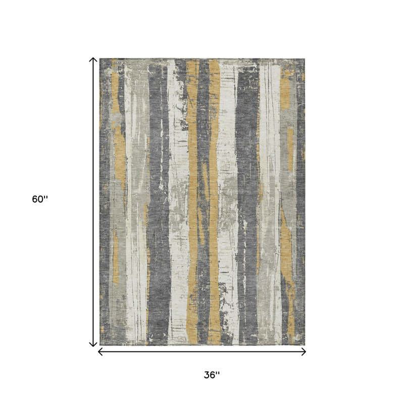 3' X 5' Gold And Gray Striped Washable Indoor Outdoor Area Rug