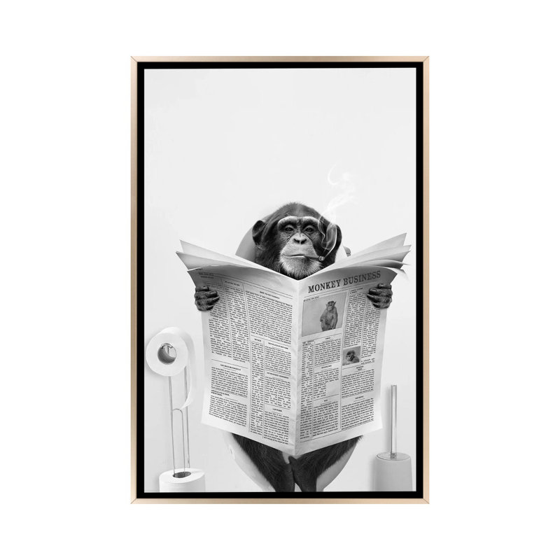 Singe sur la toilette lisant le journal - reproduction d'art murale encadrée, H 26 po x l 18 po, Champagne