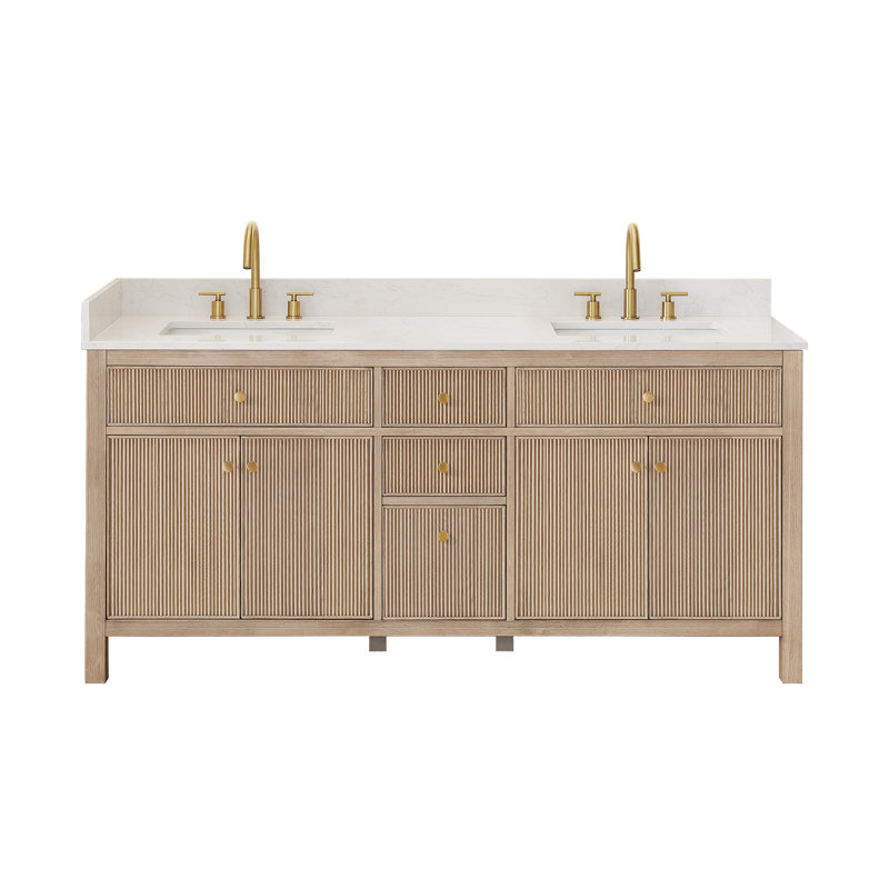 Lala 72" Double Bathroom Vanity with Grain White Engineered Stone Countertop without Mirror, Nature Oak