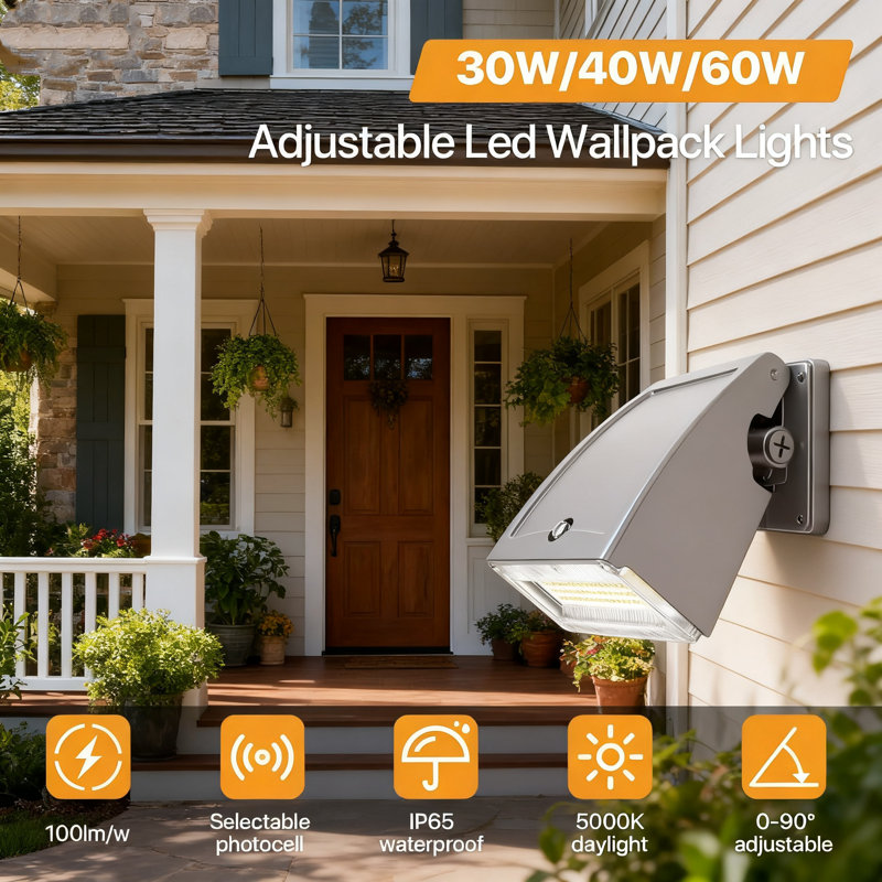 Luminaire mural réglable à DEL avec photocellule Dusk To Dawn, 30W / 40W / 60W sélectionnable, lumière du jour 5000K, lumen élevé 6000LM, lumière de sécurité extérieure étanche IP65 pour garage, bâtiment, cour