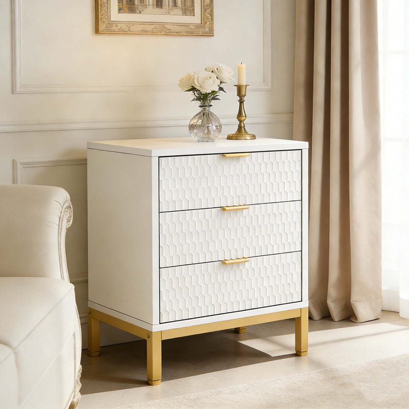 Table de chevet moderne avec 3 tiroirs de rangement, Blanc et or