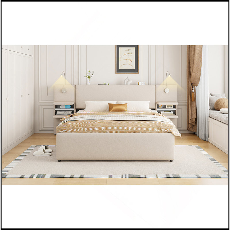 Lit plateforme tapissier avec lampes de lecture, tiroirs, lit gigogne et tablettes, Beige