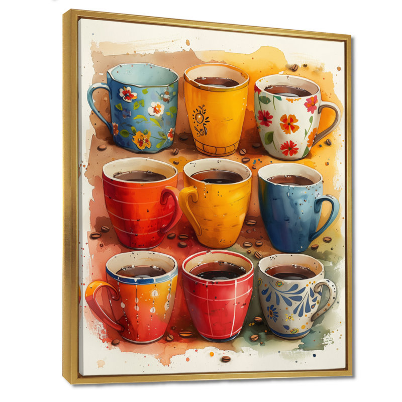 Tasse de café rouge et bleu Boho Morning II - café, art mural, Cadre flottant doré, H 12 po x l 20 po