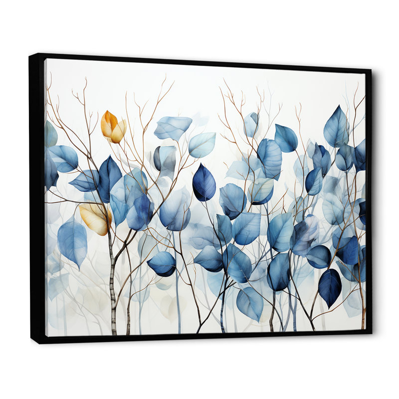 «Blue and Grey Leaves on Branch II», reproduction sur toile, H 24 po x l 32 po x P 1 po, Cadre flottant noir