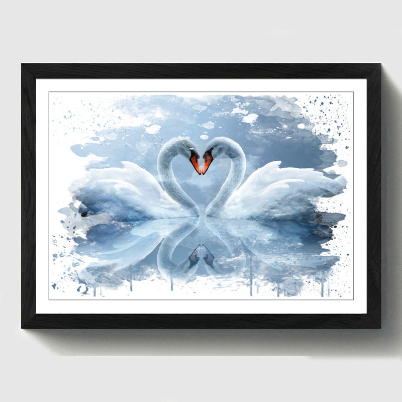 White Swan Love Heart Lake - Print, 45cm H x 62cm W, Framed Picture
