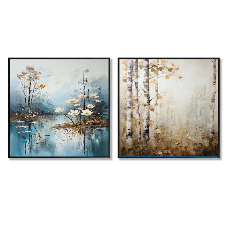 «Minimal River Forest», ensemble de 2 collages carrés, H 36 po x l 73 po, Cadre flottant noir