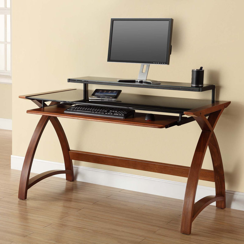 Sunterra Glass Top Computer Desk, Walnut Veneer/Black, 84cm H x 130cm W x 64cm D