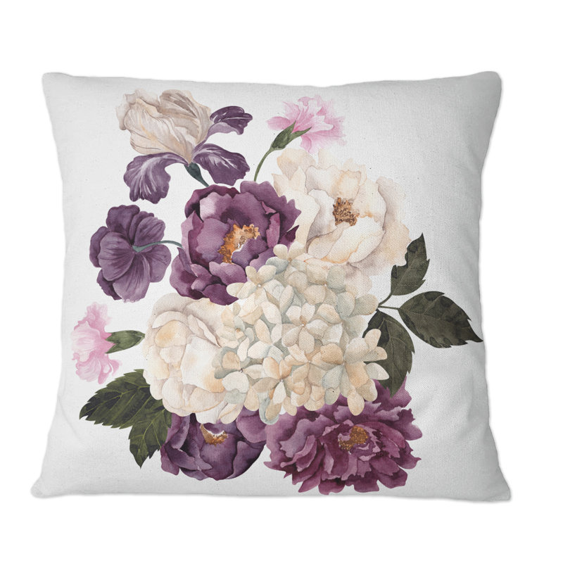 Bouquet rétro avec fleurs et feuilles rétro VI - coussin décoratif traditionnel, 16 po x 16 po
