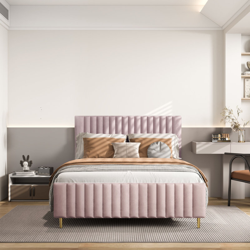 Lit plateforme Aykah Privé With Sleek Lined Platform Bed , Rose, Très grand