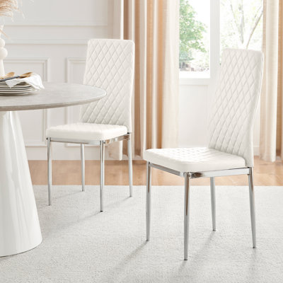 Eubanks Faux Leather Modern Tall Back Dining Chairs Set with Metal Legs & Diamond Stitching