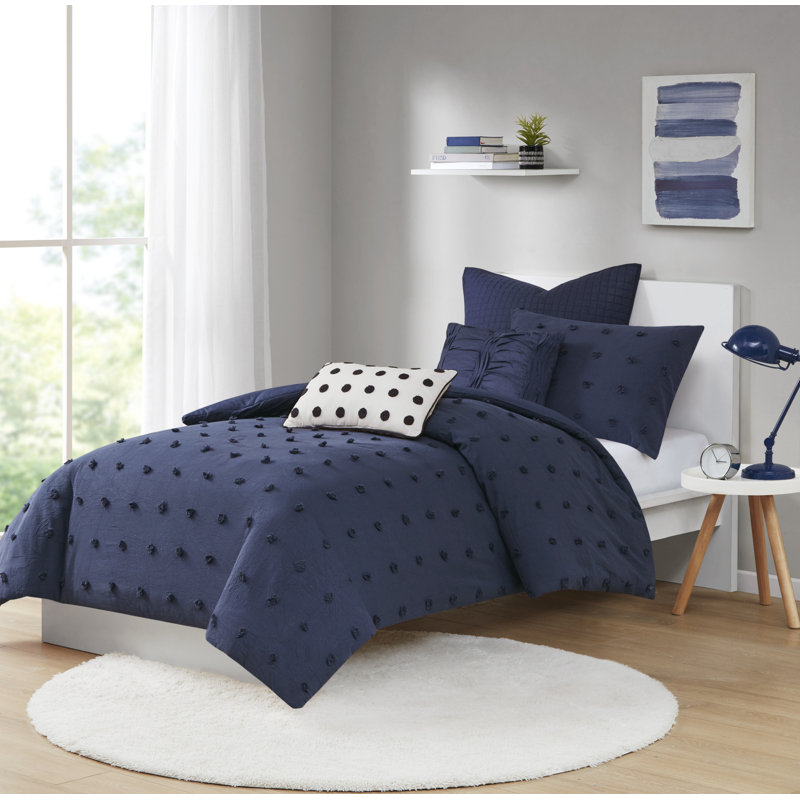 Navy Cotton Jacquard Twin/Twin XL Duvet Cover Set with Shams