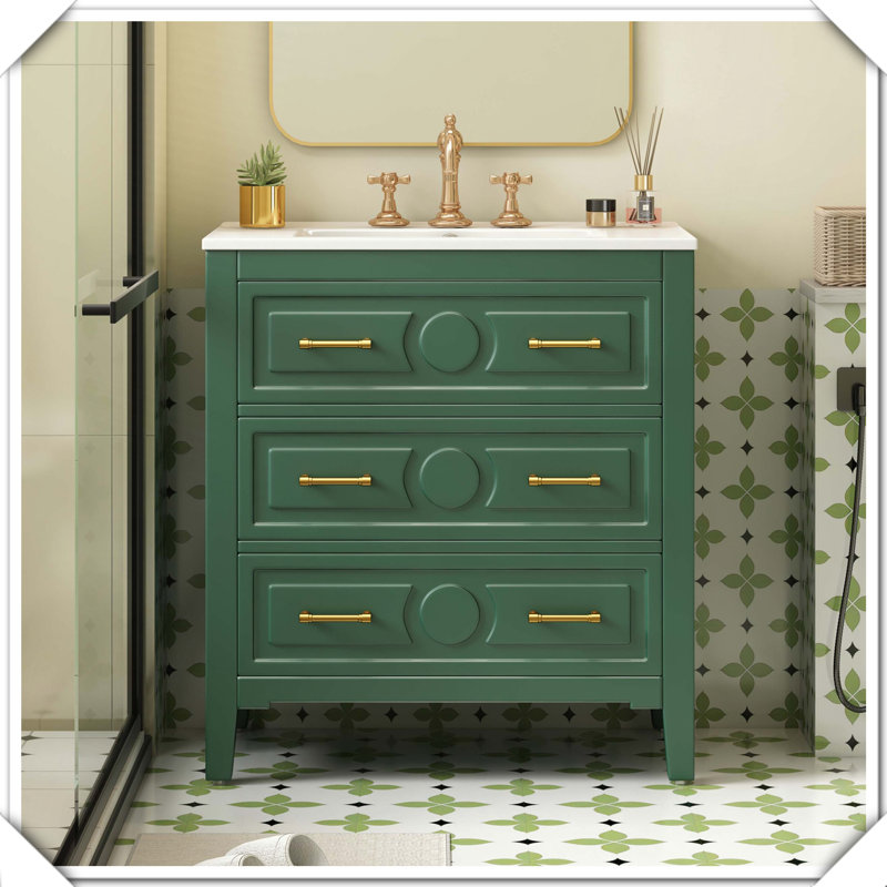 Meuble-lavabo simple autoportant en bois massif avec tiroirs en céramique, Vert
