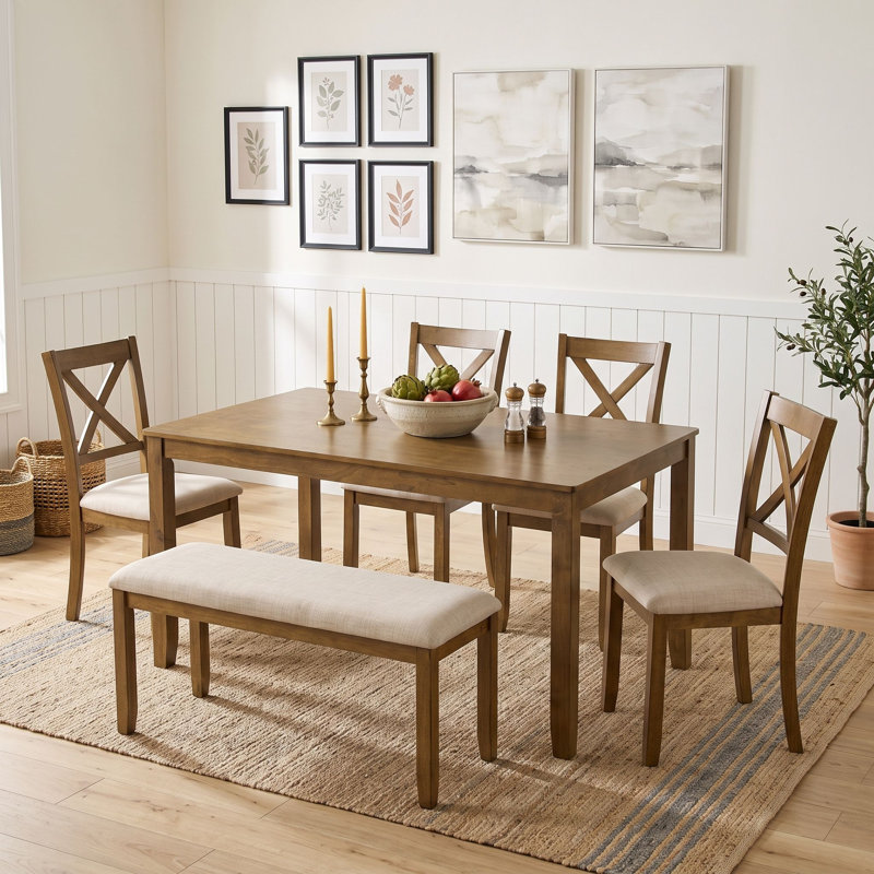 Ensemble de salle à manger 6 pièces comprenant une table rectangulaire, un banc rembourré et 4 chaises à dossier en X pour les repas en famille