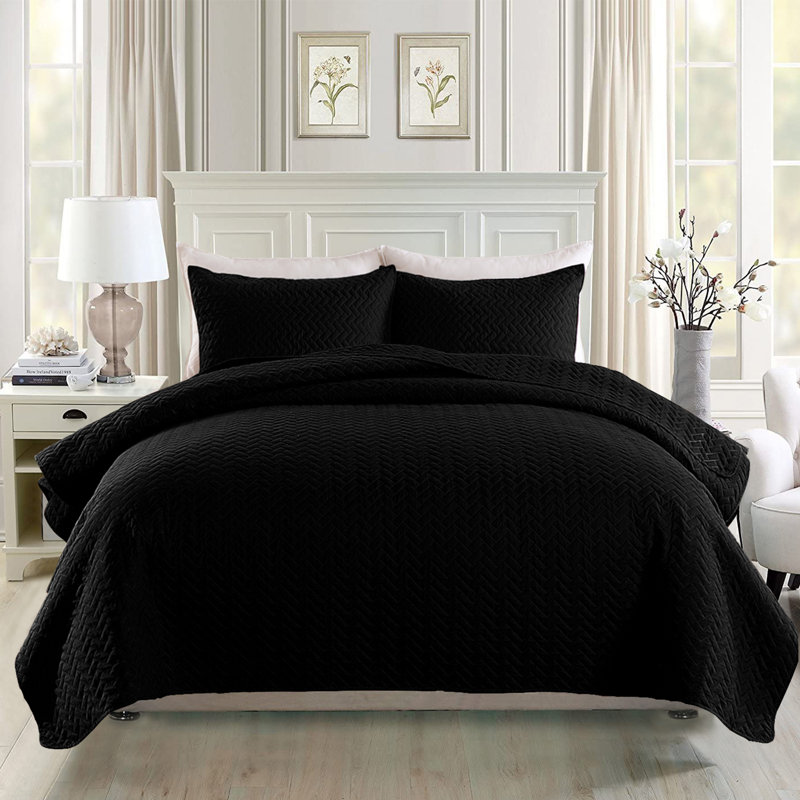 Ensemble de courtepointe réversible en microfibre 3 pièces , Courtepointe très grand + 2 très grandes taies d, Noir
