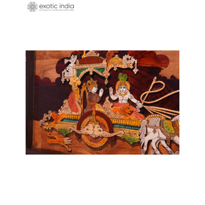 31" Arjun & Krishna on Chariot 3D Mysore Wood Inlay Wall Panel - Handcrafted Spiritual Wall Art for Home Temple