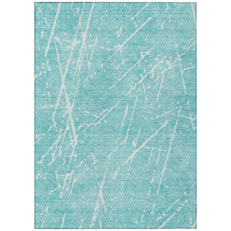 Tapis d'extérieur lavable abstrait bleu sarcelle et ivoire 10 pi x 14 pi