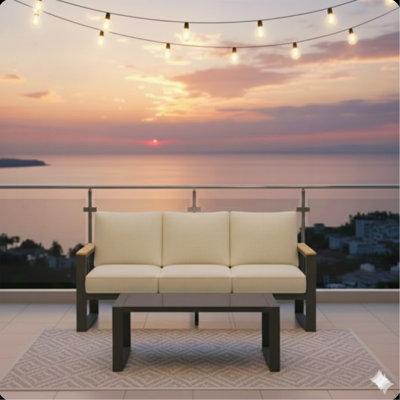 2-Piece 3-Seat Outdoor Sofa Couch Set, 75" All-Weather 3-Seat Aluminum Patio Sofa With Thick Beige Cushions  & 44" Glass Coffee Table