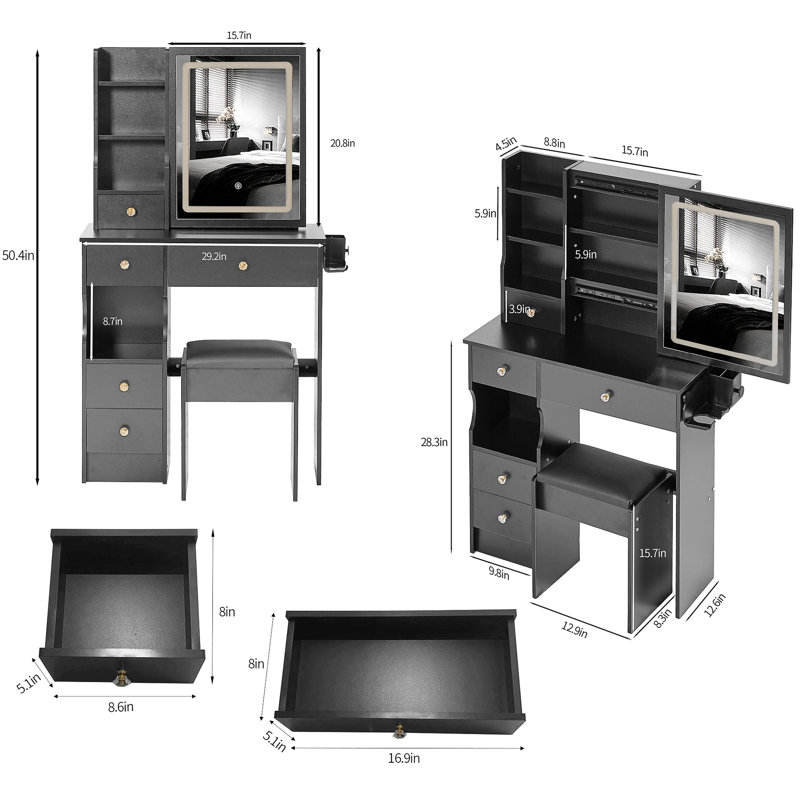 Versatile Desktop Vanity Table With Advanced Power Station And Comfortable Stool, Black