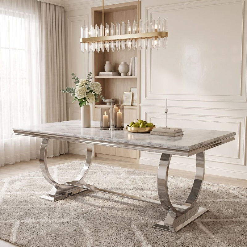 Table de salle à manger grise et argentée, table de salle à manger rectangulaire en faux marbre 70 po avec base en métal poli en forme de U