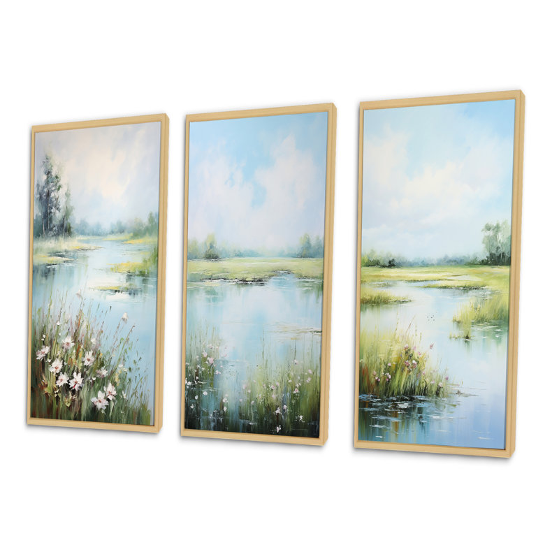 «Meadow Tranquil Waters», 3 pièces sur toile, Encadré naturel, H 40 po x l 60 po