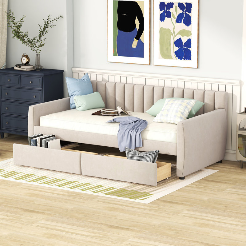 Lit de jour rembourré 2 tiroirs, taille simple, Beige