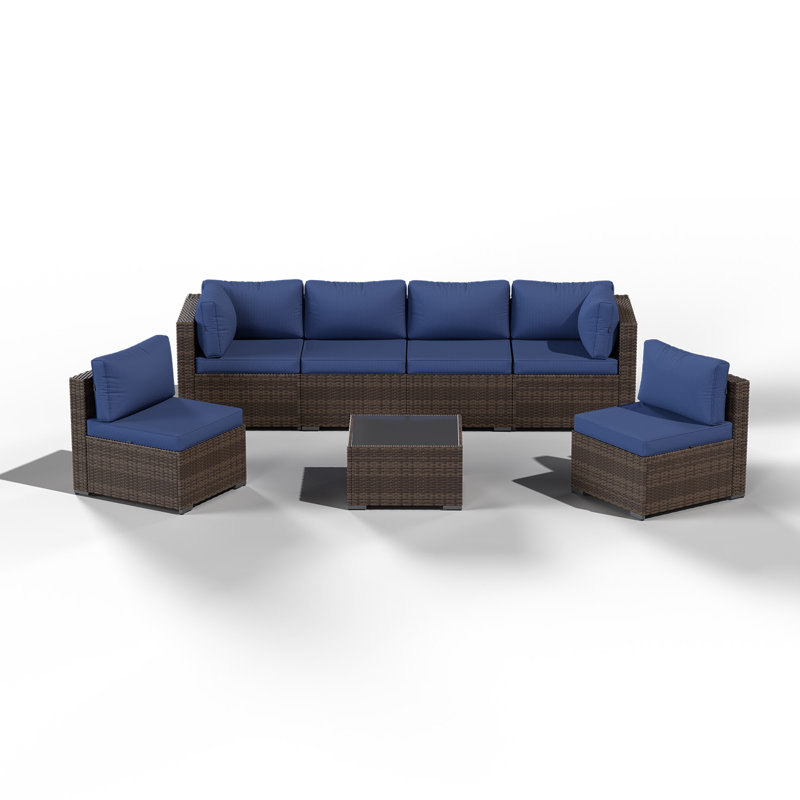 7-Piece 6-Person Symmetrical Outdoor Seating Group , Brown, Blue