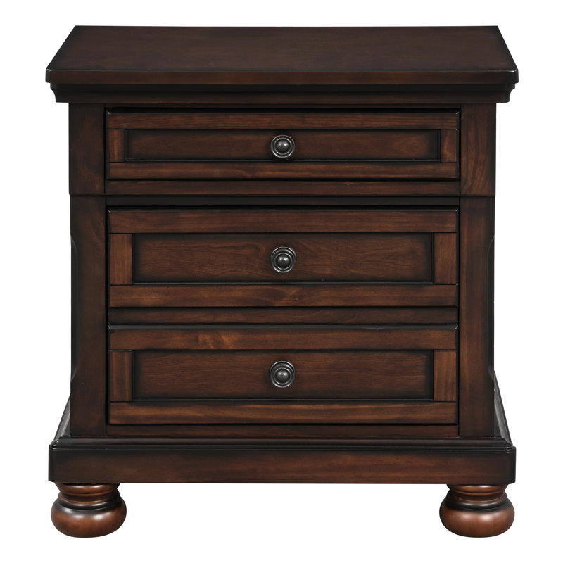Table de chevet transitionnelle de style cerisier brun, placage de bouleau, glissière à 2 tiroirs, meuble de chambre à coucher en placage, glissières, compartiment caché