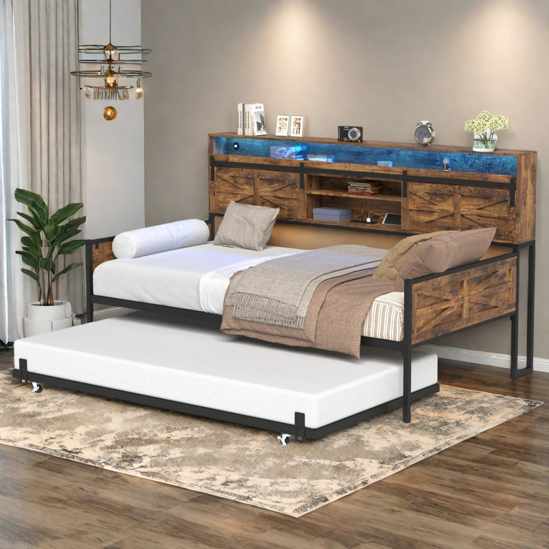 Twin Daybed With Trundle, Farmhouse Daybed Frame With Sliding Barn Door Headboard And Charging Station & LED Light For Bedroom And Guest Room