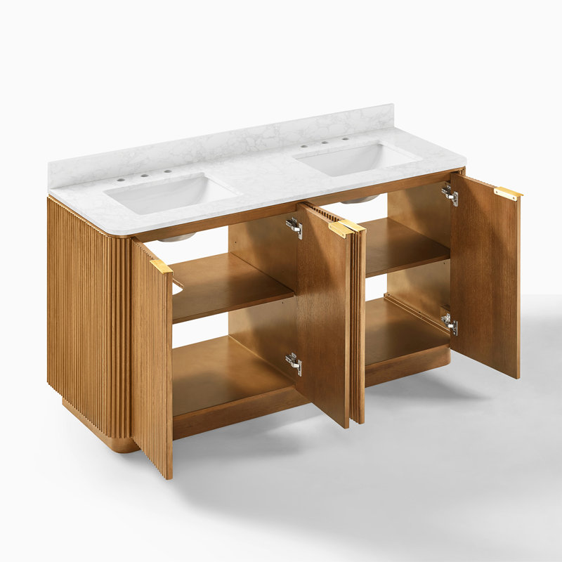Ensemble de meuble-lavabo à double cuve cannelé 63 po avec comptoir en marbre Hernest, Tan