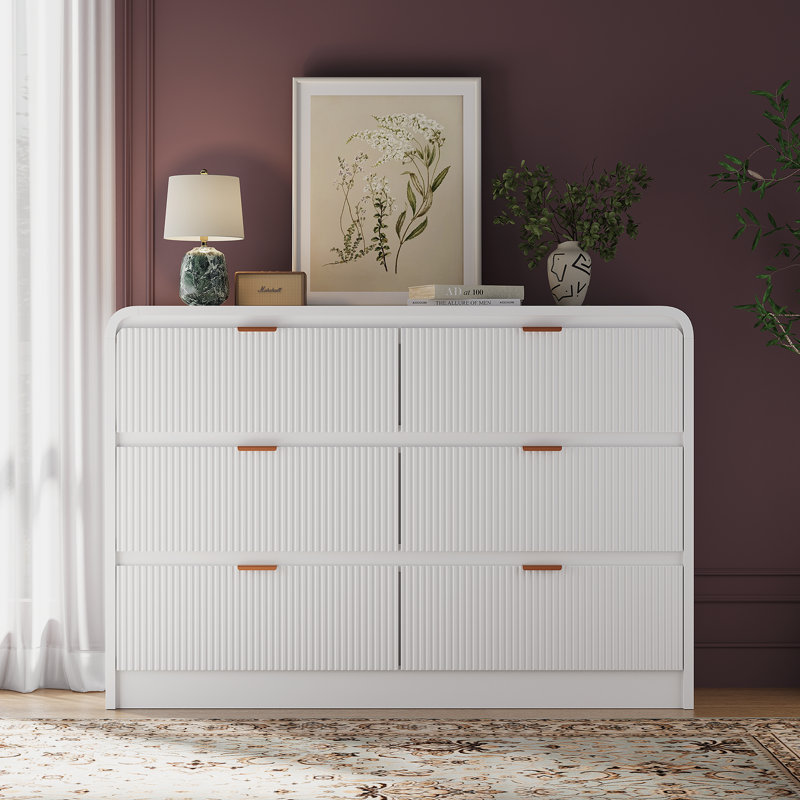 6-Drawer Dresser 54"W Double Dresser With Waveform Fluted Panel, White