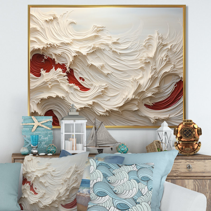 «White and Red Wave Papercut Style - Coastal Waves», reproduction sur toile, Cadre flottant doré