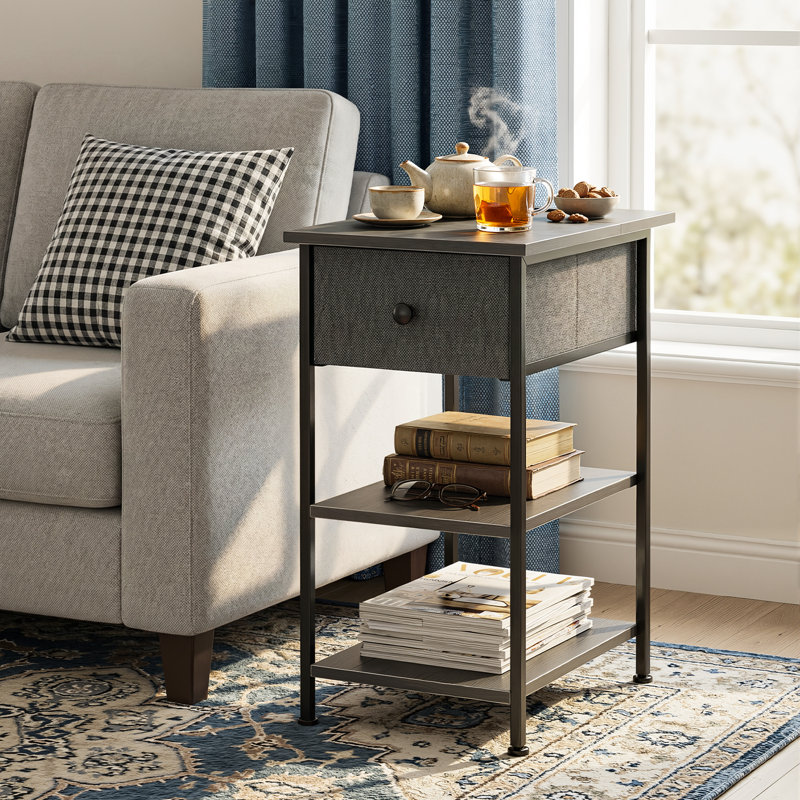 End Table with Drawer, Shelves and Charging Station, Side Table with USB Ports and Outlets, Bedside Table, Nightstand, Gray