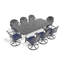 8 repas: 9 fonte d'aluminium avec chaises pivotantes et table rectangulaire, structure noire, coussins, sièges ergonomiques 8 noirs, résistance aux hautes températures, coussins de siège élégants