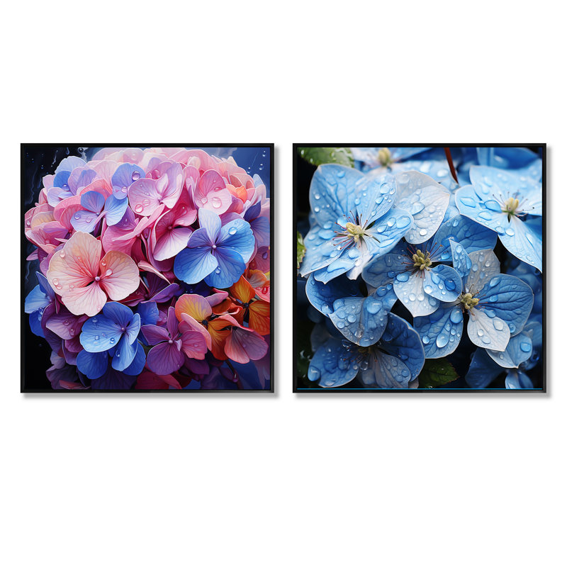 Hortensia rose et bleu harmonieux Fusion - Ensemble de 2 collages floraux carrés, Cadre noir, H 16 po x l 33 po