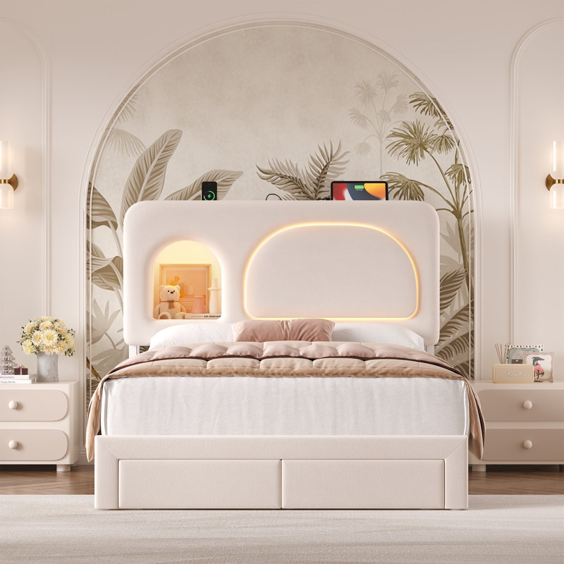 Velvet Upholstered  Bed with LED Lights & Storage Options, Full / Double