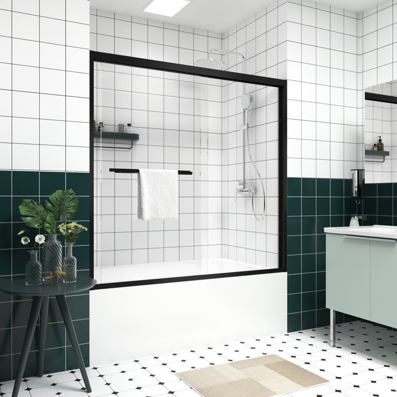 58" High Double Sliding Shower Enclosure, 1/4"  6Mm  Clear Glass, Mute Rollers, Reversible Installation, Waterproof Design Aluminum Frame Bathtub Screen, Tempered Stainless Steel Handle, Design, Setup