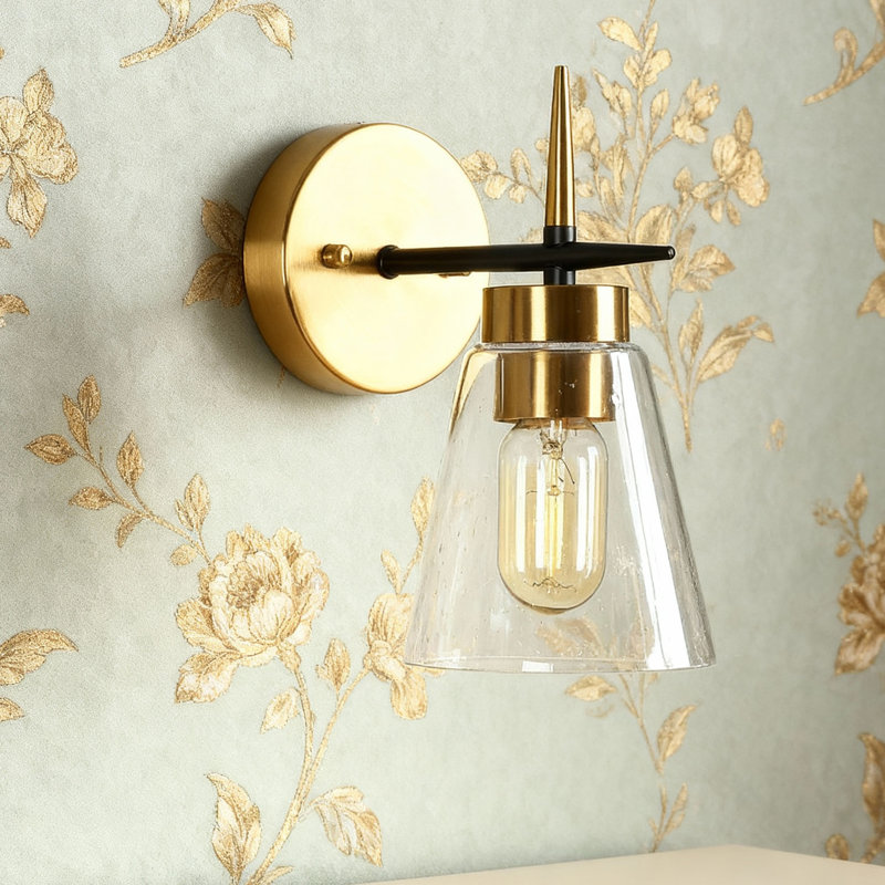 Modern 1-Light 10" Black Gold Cone Wall Sconce Seeded Glass with Pointed Finial Arm Industrial Vanity Light