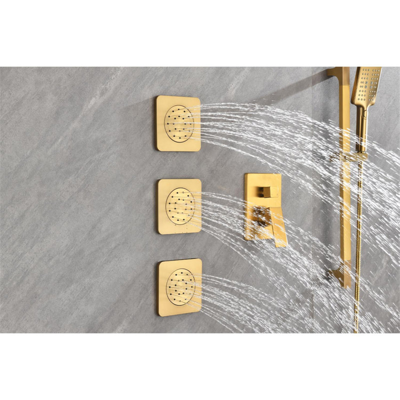 Shower System With Shower Head, Hand Shower, Slide Bar, Bodysprays, Shower Arm, Hose, Valve Trim, And Lever Handles