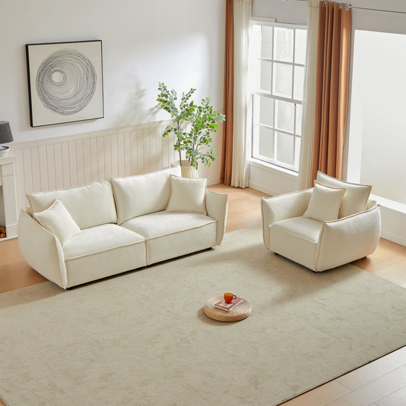 Canapé 3 places + 1 place, canapé en tissu de lin, structure en bois avec 3 coussins, mobilier d'appartement, Beige