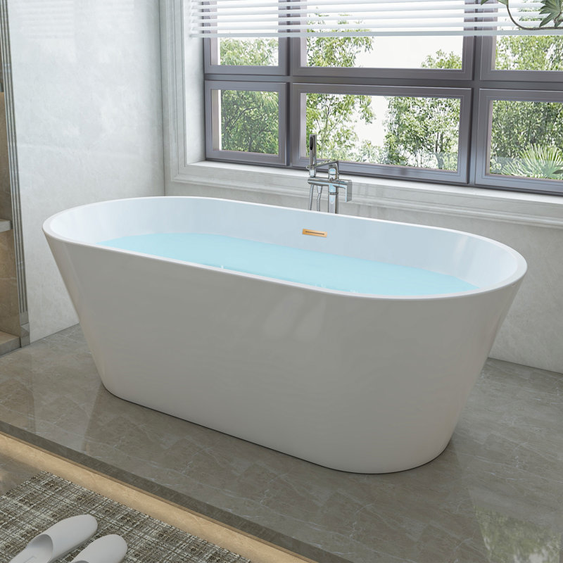67'' x 32'' Freestanding Soaking Acrylic Bathtub, White/Titanium Gold