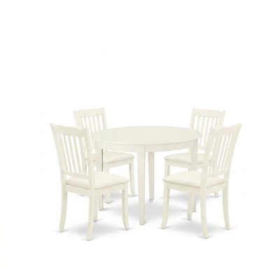 Ensemble de salle à manger rond 5 pièces en bois dur asiatique blanc lin, style milieu du siècle, avec chaises de salle à manger rembourrées en tissu lin