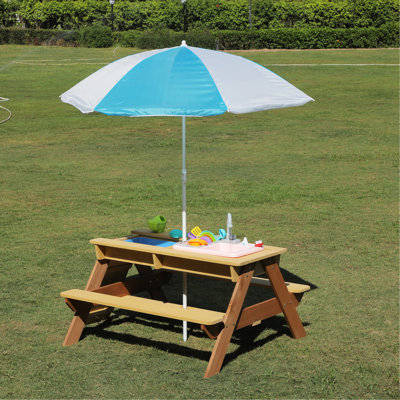 Adjustable Umbrella 3 - In 1 Sand And Picnic Table, Made Of Solid Wood, Red Brown Yellow Colours, Great For Outdoor Backyard Play, Assembly 20 25 Mins & Water Table With Function , 43" Foldable