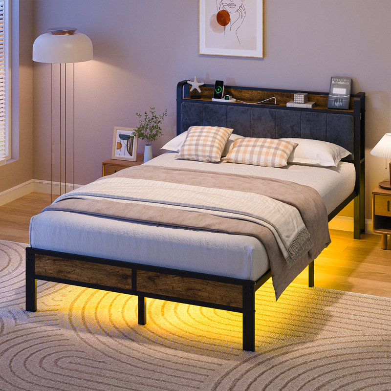 Full Size Platform Bed Frame with Storage Headboard & Integrated Charging Station, Full
