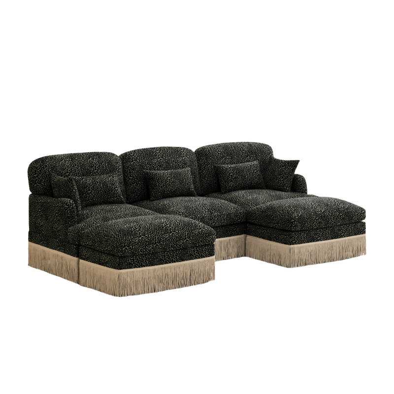 Canapé modulaire 100 po en forme de U avec sièges profonds, tissu en chenille à imprimé léopard et bordure à pampilles, vert