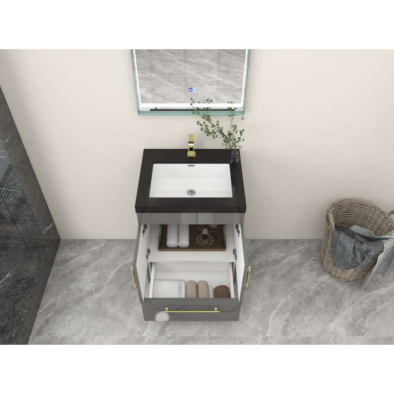 Ensemble de meuble-lavabo simple 24 po Camodeca, Gris à haute brillance, Or mat