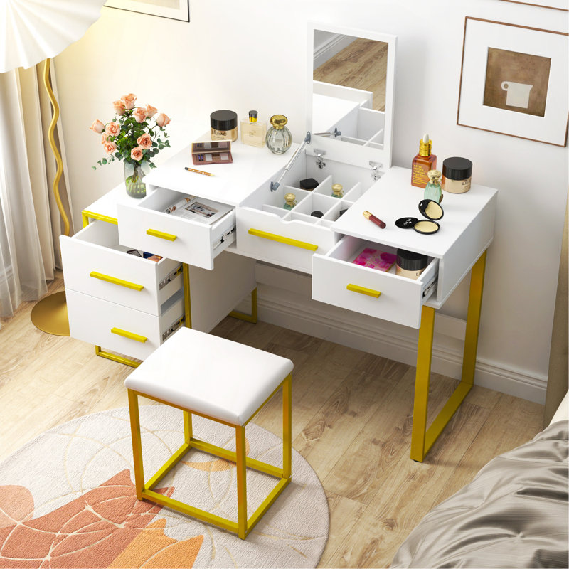 Ensemble de coiffeuse avec miroir, commode avec table de chevet et 4 tiroirs, Blanc / Doré