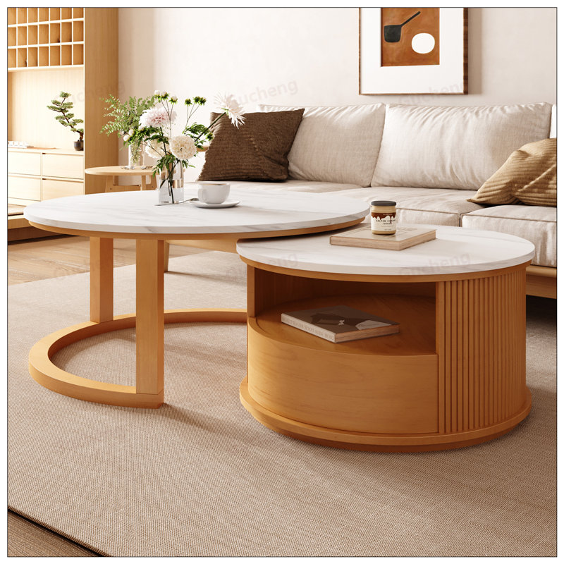 Table basse ronde emboîtable avec plateau en marbre, rangement à deux niveaux et un tiroir pour les espaces de vie modernes
